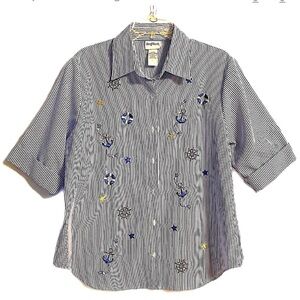 Retro Breezy Blouse Button 3/4 Sleeve Nautical Motif Beachy White Blue Stripe 2P